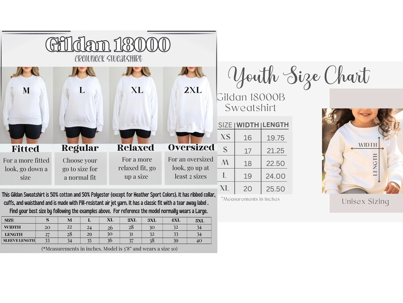 K&ouml;nnte beinhalten: Gr&ouml;&szlig;entabelle f&uuml;r Gildan 18000B Jugend-Sweatshirts. Die Tabelle zeigt die Breite und L&auml;nge in Zoll f&uuml;r die Gr&ouml;&szlig;en XS bis XL. Die Tabelle enth&auml;lt auch eine Beschreibung der Passform f&uuml;r jede Gr&ouml;&szlig;e, von figurbetont bis oversized.
