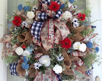 Patriotic Door Wreath, Mesh Wreath, Handmade Wreath,Americana Wreath, Memorial Day Wreath, 4th July Wreath