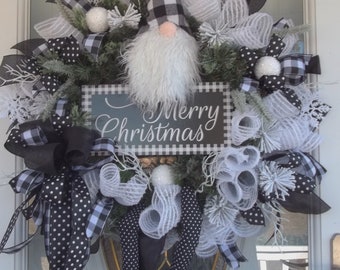 Gnome Door Wreath,Black and White Wreath, Checks Wreath, Mesh Wreath, Merry Christmas Wreath,Holiday Wreath, Handmade Wreath, Winter Wreath