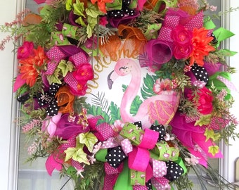 Flamingo Welcome Mesh Door Wreath, Summer Wreath, Pink Wreath, Handmade Wreath , Floral Wreath