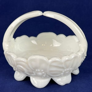 Vintage Westmoreland White Glass Split Handle Milk Glass Small Dogwood Flowers Bowl Candy Trinket Dish Footed
