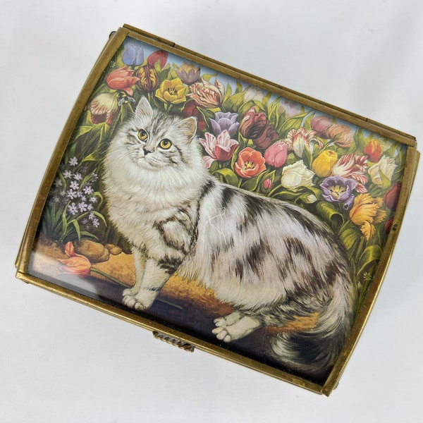 Vintage Via Vermont Ltd Glass & Brass Cat Walking in Flowers Music Box with Lid Plays Laras Theme