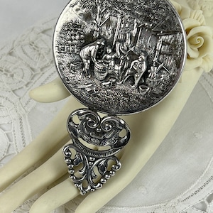 Vintage Hans Jensen Denmark Silver Plate Repousse Compact Mirror Whale Hallmark Village Scene Men Dogs Tree Barn