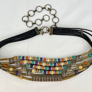 Colorful wood and brass Beaded 1970s belt 70s Black Leather & Multi Color Wood Beads Chain Belt Brass  main image 3