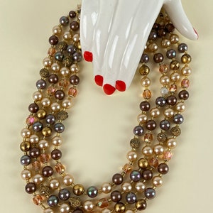 Vintage Japan Faux Pearl & Plastic Bead Choker 4 Strand Beaded Necklace Brown Tan Gold
