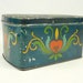 Vintage Folk Art Toleware Metal Box Container Decor Tin Pennsylvania Dutch Hinged Lid Hearts Blue Red Yellow 8 by 5 by 4
