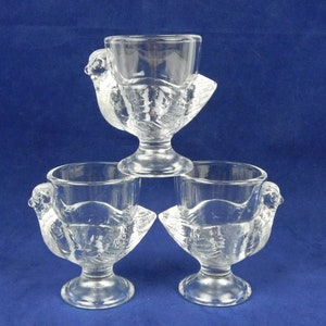 Egg Cups Coddlers France Glass Clear Chicken Hen Lot of 3 Easter Mothers Day Bridal Wedding Over 2 inches
