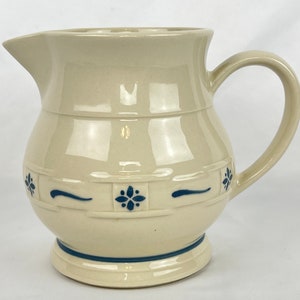 1990 Longaberger Pottery Woven Traditions Blue White 1 Qt Juice Water Milk Cream Pitcher Farmhouse Rustic Decor Roseville Ohio