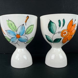 Vintage Pair of 2 Mid Century Modern Ceramic Bright Florals Flowers Pedestal Egg Cup Coddlers