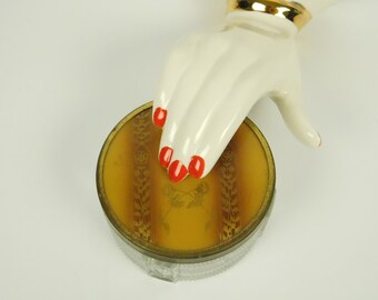 Vintage Art Deco redondo prensado vidrio polvo trinket caja y metal estaño florado oro marrón tapa tocador tocador escritorio decoración