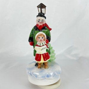 Christmas Revolving Music Box Carolers White Christmas Children 1950s 1960s Japan Holiday Man Child Singing Snow Lightpost