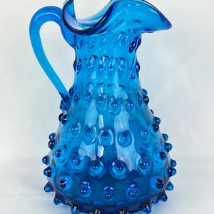 Hobbs Brockunier USA Hobnail Pitcher Creamer Sapphire Blue 5 3/4 Inch Tall Glass 3 Way Pour 12 Fluid Ounces