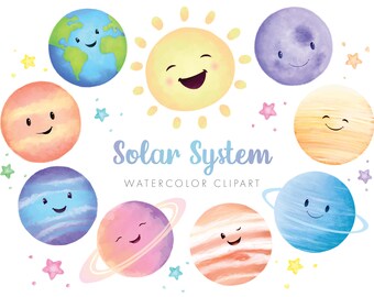 Sonnensystem Aquarell Clipart | Bunte Planeten und Sterne | Niedliches Weltraum Kinderzimmer