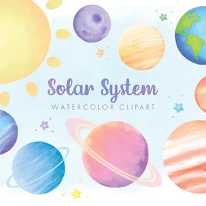 Solar System Watercolor clipart, Colorful Planets and Stars, Cute Space theme