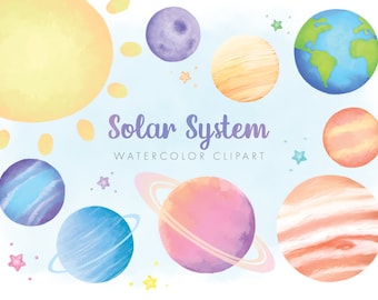 Sonnensystem Aquarell Clipart, bunte Planeten und Sterne, süßes Weltraum-Thema
