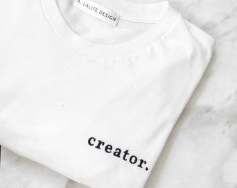 Embroidered Cotton T-Shirt Unisex Crew Neck T-Shirt - "creator." in White