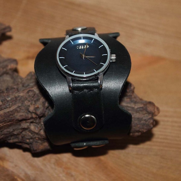 Women Watch, Watches for Women, Black Leather Watch, Leather watch cuff, Bracelet watch, Cuff watch, Wrist Watch, Leather Watchband