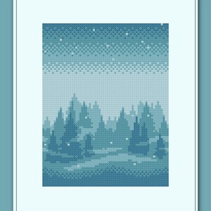 May include: A pixelated image of a snowy forest scene with a blue sky and white snowflakes. The trees are dark blue and the ground is covered in white snow.