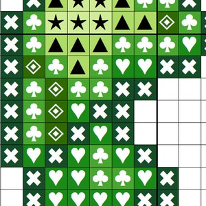 May include: Green cross stitch pattern with a variety of symbols including hearts, clubs, diamonds, stars, and triangles.