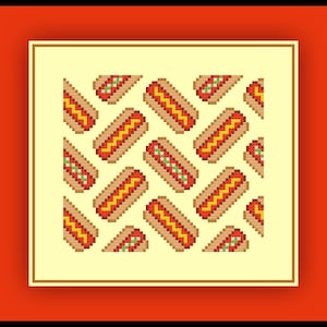 May include: A pixelated pattern of hot dogs with mustard and relish on a light yellow background. The hot dogs are arranged in a diagonal pattern.