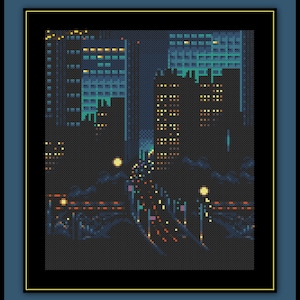 Puede incluir: Una ilustraci&oacute;n pixelada de un horizonte de ciudad por la noche. Los edificios son altos y delgados, con ventanas que brillan con luz amarilla. La calle de abajo est&aacute; bordeada de farolas, y hay nubes en el cielo.
