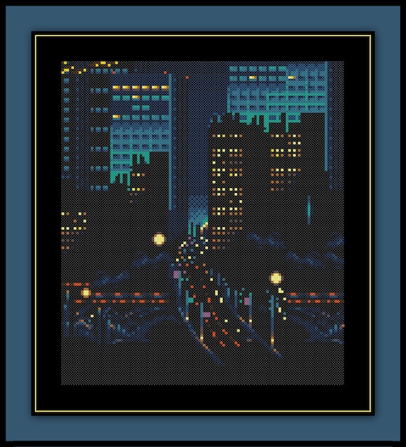 Night Highway Cross Stitch Pattern New York City Freeway Street Bridge