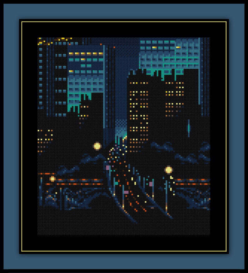 Puede incluir: Una ilustraci&oacute;n pixelada de un horizonte de ciudad por la noche. Los edificios son altos y delgados, con ventanas que brillan con luz amarilla. La calle de abajo est&aacute; bordeada de farolas, y hay nubes en el cielo.