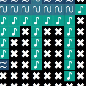 Puede incluir: Un dise&ntilde;o de pixel art en blanco y negro con un fondo verde azulado. El dise&ntilde;o presenta una serie de notas musicales y cruces.