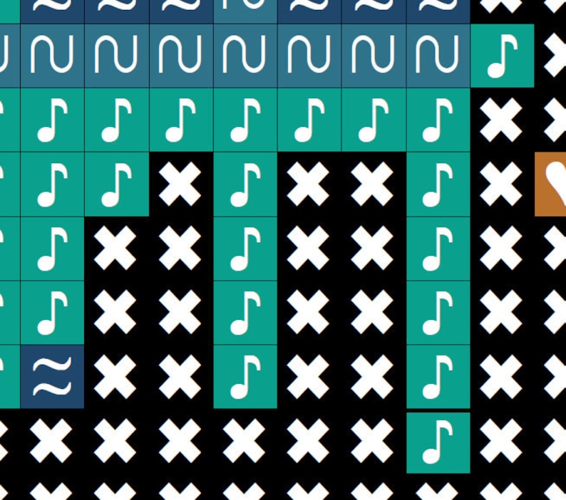 Puede incluir: Un dise&ntilde;o de pixel art en blanco y negro con un fondo verde azulado. El dise&ntilde;o presenta una serie de notas musicales y cruces.