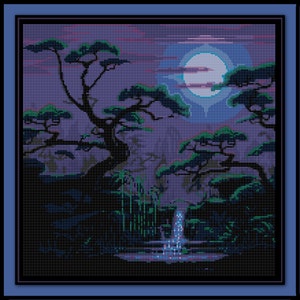 Puede incluir: Una pintura digital de una escena de bosque iluminada por la luna con una cascada y un estanque. Los árboles están silueteados contra la luna brillante y el cielo es de un morado profundo.