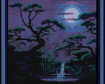 Japanese Moonlit Spring Cross Stitch Pattern Asian River Forest Landscape