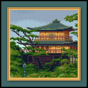 Japanese Cross Stitch Pattern Asian Pagoda Forest Landscape
