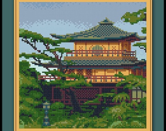 Japanese Cross Stitch Pattern Asian Pagoda Forest Landscape