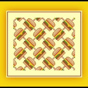 May include: A pixelated pattern of yellow, green, red, and brown hamburgers on a white background. The hamburgers are arranged in a diagonal pattern.