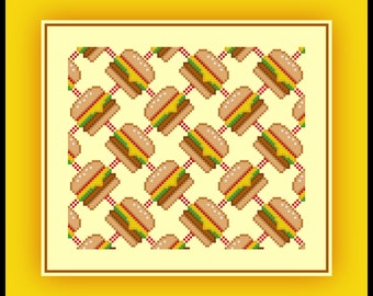 Hamburger Cross Stitch Pattern Small Tileable Repeating Cheeseburger Chart