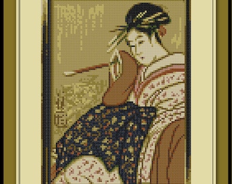 Geisha Cross Stitch Pattern Traditional Japanese Scroll