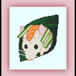 May include: A white mouse with black eyes is wrapped in a green seaweed roll, with a pink and orange fish inside. The mouse is smiling and has a pink nose.