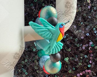 Aqua green/blue pearlized and glittery hummingbird - LIMITED EDITION tumbler tote bag silicone handle charm accessory keychain