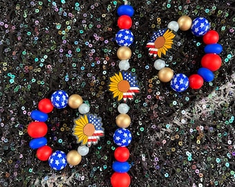 Patriotic sunflower red white blue stars stripes tumbler silicone handle charm