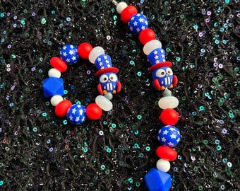3D Patriotic owl American Heritage stars stripes starry 4th of July fireworks Americana tumbler bag silicone handle charm red white blue