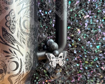 Blackout version - Butterfly Moth Black skull skeleton Damask Deadly Gunmetal tumbler silicone handle charm
