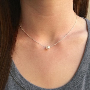 Floating Pearl Necklace, Dainty Necklace, Single Pearl Necklace, Simple Everyday Necklaces, Bridesmaid Necklaces