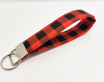 Black and Red Plaid Faux Leather Wristlet Keychain