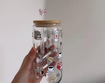 Book Lover Glass Cup with Straw, Coffee and Books Glass Can, Reader Gift, Bookish Iced Coffee Tumbler