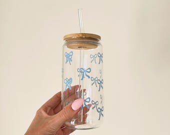 Blue Bow Tumbler Glass with Glass Straw: Iced Coffee Cup, Matcha Cup