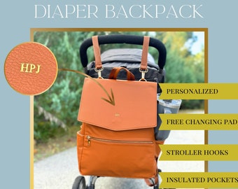 Leather Diaper Bag Backpack Diaper Bag Monogram Leather Brown Changing Backpack for Moms Custom Diaper Bag for Classic Moms Baby Shower Gift