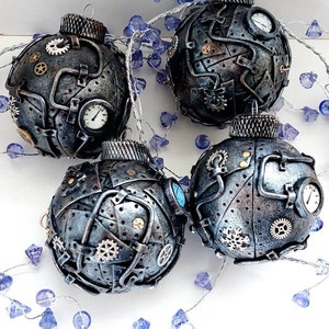 Handmade Steampunk New Year Tree Ornaments. Christmas Silver Glass Balls set of 4