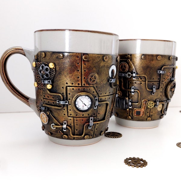 Steampunk cups - Set of 2 cups. Handmade artisan design. Handmade steampunk decor