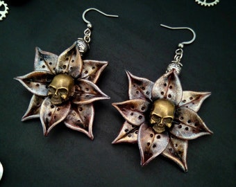 Steampunk earrings Mechanical Flowers with Skull. Handmade Steampunk Jewelry