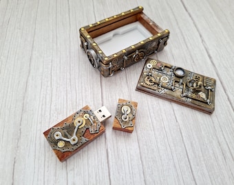 Memoria USB Steampunk de 16 GB con caja de madera, accesorio unisex hecho a mano.